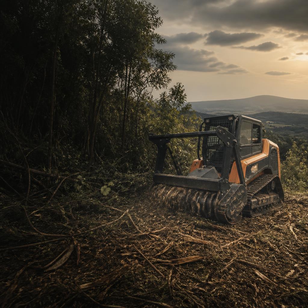 Concept image of a tracked forestry mulcher at a woodland edge